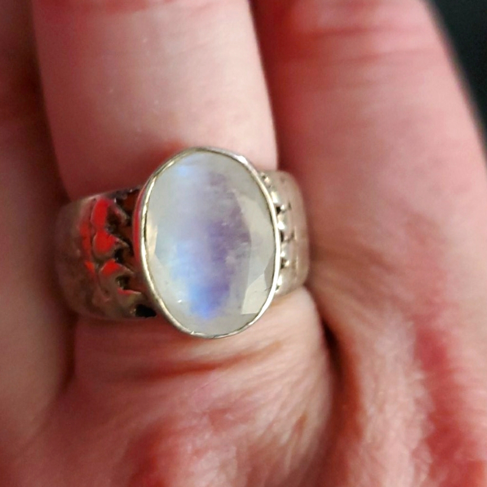 Thick heavy sterling  silver band with raw Moonsto